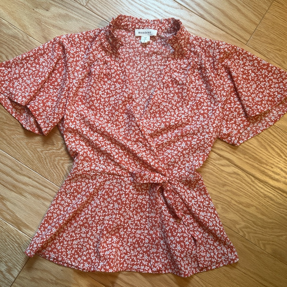 Red and White Floral Wrap Top